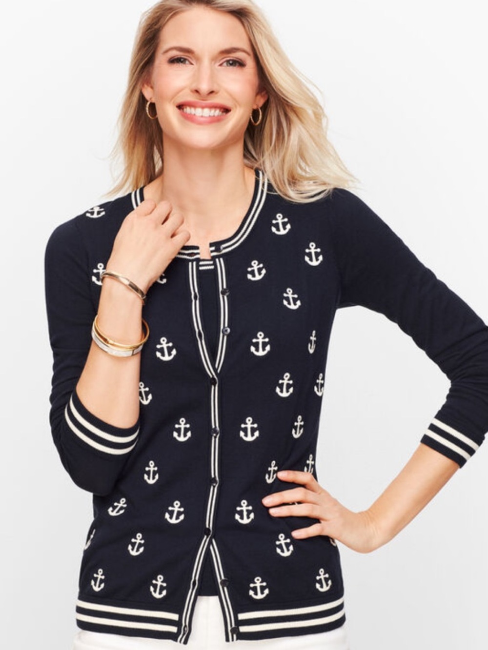 2-PC Nautical Anchor Cardigan Set Twinset Navy Crew Neck Sweater M NWT Talbots